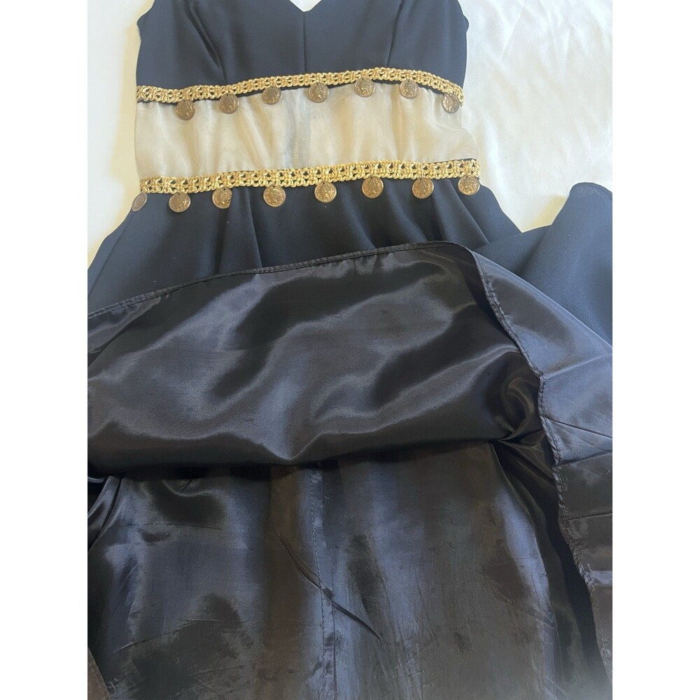 Vtg 60s Black Cocktail Dress XS Gold Coin Trim Mesh Midriff Asymmetrical Hem Mod - Picture 5 of 8